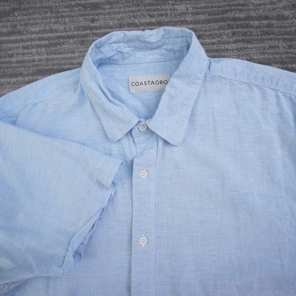 Coastaoro Mens Large‎ Light Blue Short Sleeve Cotton Linen Button Down Shirt L